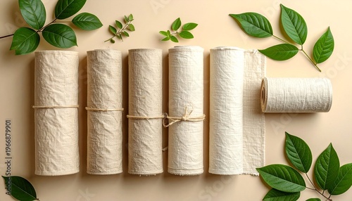 Several sterile medical gauze rolls arranged neatly with fresh green leaves and buds.