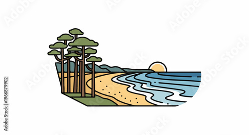 Stylized beach scene with trees, sand, ocean waves, and setting sun