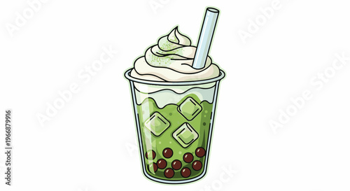 A refreshing green beverage with whipped cream and toppings, served in a clear cup