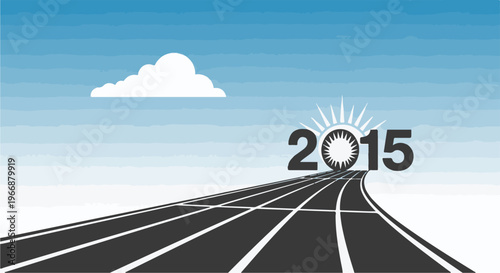 A road leads to the year 2015 with a sun like symbol