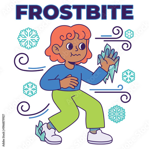 Vibrant cartoon character illustrating frostbite symptoms and extreme cold discomfort, a health risk in freezing winter weather