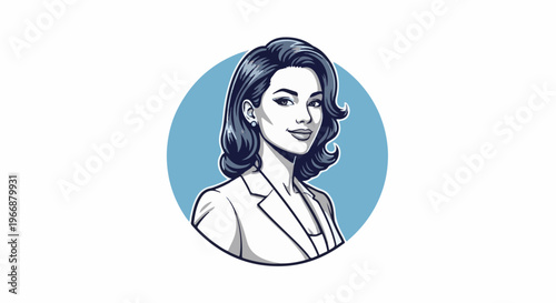 Professional woman in a suit, classic illustration, blue circular background