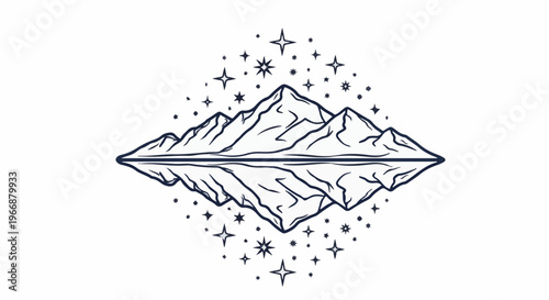 A symmetrical mountain range reflected in water under a starry sky