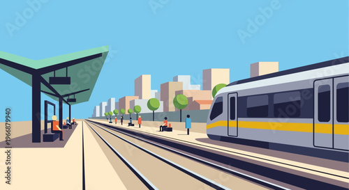 Modern Suburban Train Station with Commuters in Flat Vector Style