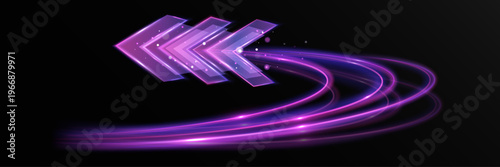 Purple neon arrow moving left with glowing curved light trails and dynamic motion effect on dark background
