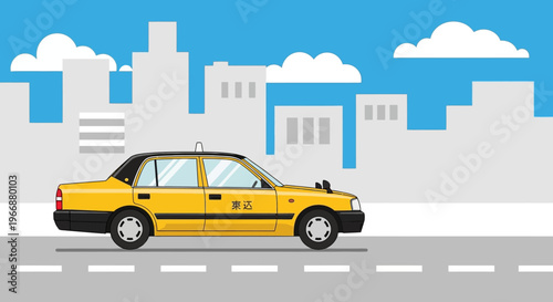 Yellow Taxi Cab Driving on City Street Flat Vector Illustration