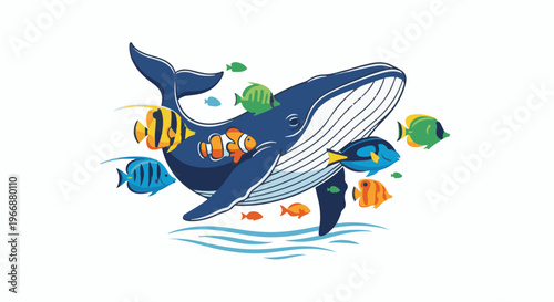 A large blue whale swims amongst colorful tropical fish
