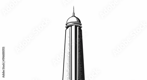 Stylized depiction of a tall, slender tower with a dome and spire