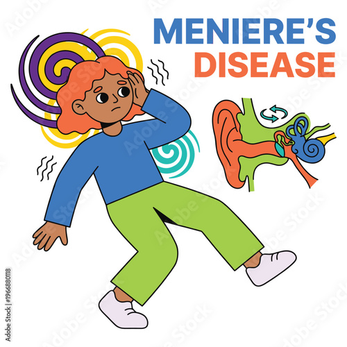 Medical Health Disease Symptoms Character with Meniere's, inner ear condition causing vertigo and dizziness, for healthcare