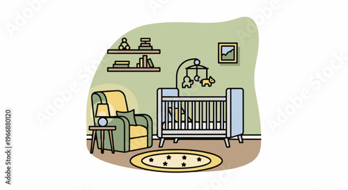 A cheerful illustration of a nursery room with a crib, chair, and toys
