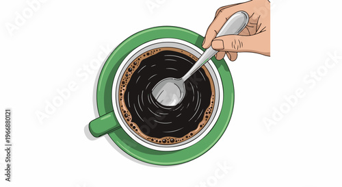 A hand stirs a cup of dark coffee with a spoon, top view
