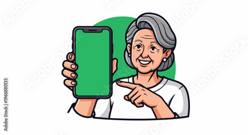 Smiling elderly woman holding up green screen phone, pointing