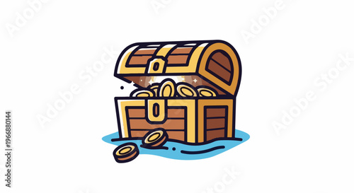 A cartoon treasure chest overflowing with gold coins sits open on blue water