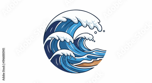 Stylized depiction of powerful ocean waves crashing on a sandy shore