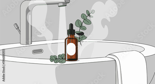 A bottle of brown liquid with a white label rests by a sink with running water