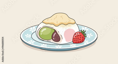 Hand Drawn Illustration of Japanese Mochi Dessert with Fruit Filling on Floral Plate