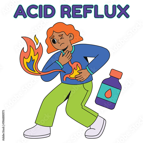 Character suffering from acid reflux, illustrating heartburn, stomach pain, and digestive issues, with a bottle of antacid medicine for relief