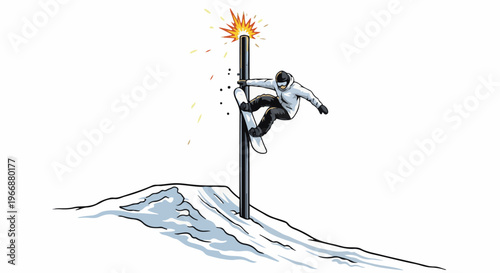 Snowboarder grinds pole with spark effect