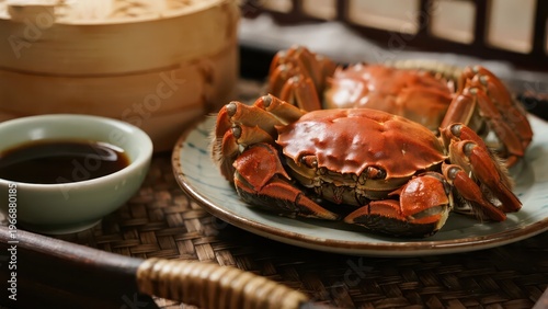 Steamed hairy crab paired with ginger vinegar dipping sauce, presenting the healing 烟火气 of seasonal autumn food with Chinese tableware, making it a visual material image suitable for food and catering