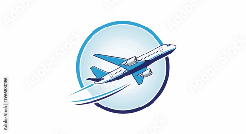 A stylized blue and white airplane ascends within a blue circle