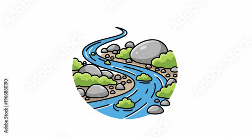 A gentle stream winds through a rocky, vegetated landscape