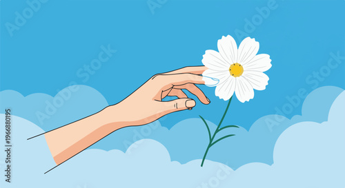 A gentle hand reaches out to touch a white daisy against a sky of blue clouds