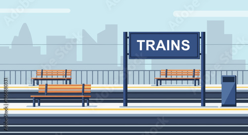 Modern Railway Station Platform with Benches and City Skyline Background