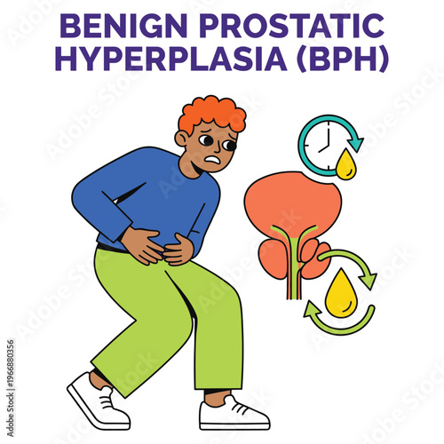 Medical Health Disease Symptoms of Benign Prostatic Hyperplasia (BPH) Illustrated for Male Character Healthcare