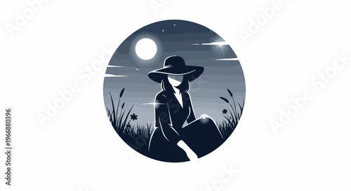 Silhouette of a woman in a wide-brimmed hat sitting in grass under moonlight