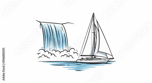 Sketch of a sailboat by a waterfall in the water