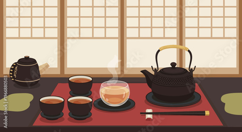 Pixel Art Japanese Tea Ceremony with Teapots and Cups