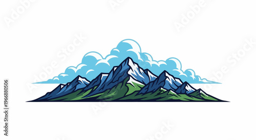 Stylized mountain peaks with clouds and green foothills
