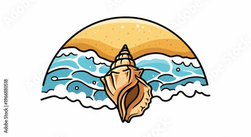 Stylized seashell on ocean waves with sandy beach backdrop