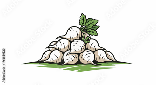 A pile of white turnips with green leaves, illustrated on a white background