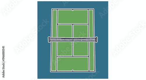 Stylized aerial view of a green tennis court with a net dividing it