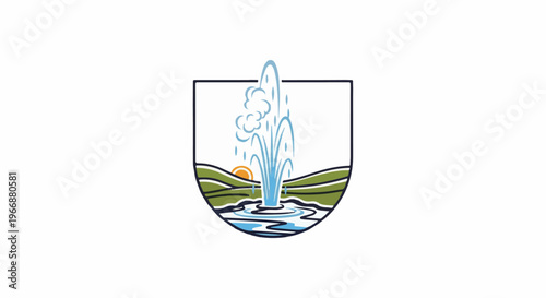 Stylized geyser erupting in a landscape with rolling hills and sun