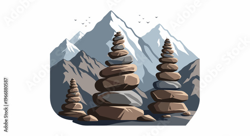 Serene mountain backdrop with three stacked rock formations and birds flying