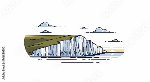Stylized white cliffs meet the sea under a cloudy sky at sunset