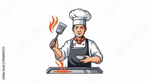 A chef in uniform cooks over a grill with flames, holding a spatula and bowl