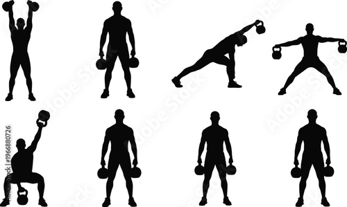 Black silhouettes of a man exercising with kettlebells including squats lunges and overhead presses isolated on white background for fitness and bodybuilding design