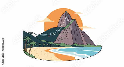 Tropical mountain landscape with cable cars and beach at sunset