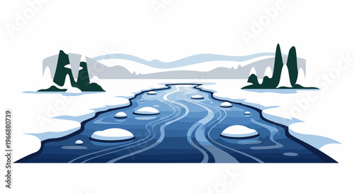 Stylized winter landscape with a winding blue river through snow-covered land