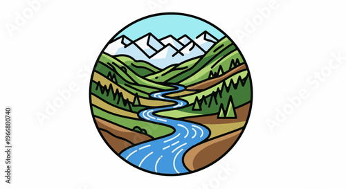 Stylized oval landscape of winding river, green hills, forests, snowy peaks