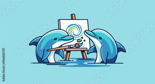Two dolphins collaborate on an art project, painting a colorful spiral