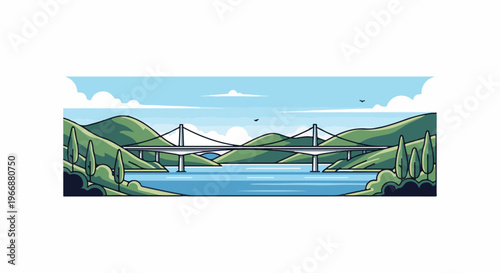 Stylized pixel art scene of a suspension bridge spanning a tranquil blue river, framed by green hills