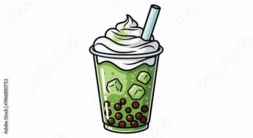 A cartoon illustration of a green matcha bubble tea drink with whipped cream