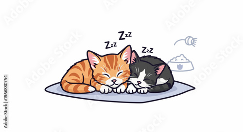 Two cute cats, one orange tabby and one black and white, sleeping together