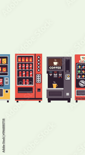 Set of Various Vending Machines for Snacks and Coffee in Flat Vector Style