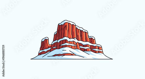 Stylized red rock formations dusted with snow against a pale blue sky