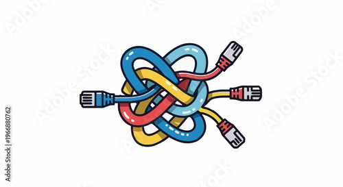 Tangled colorful network cables knotted together